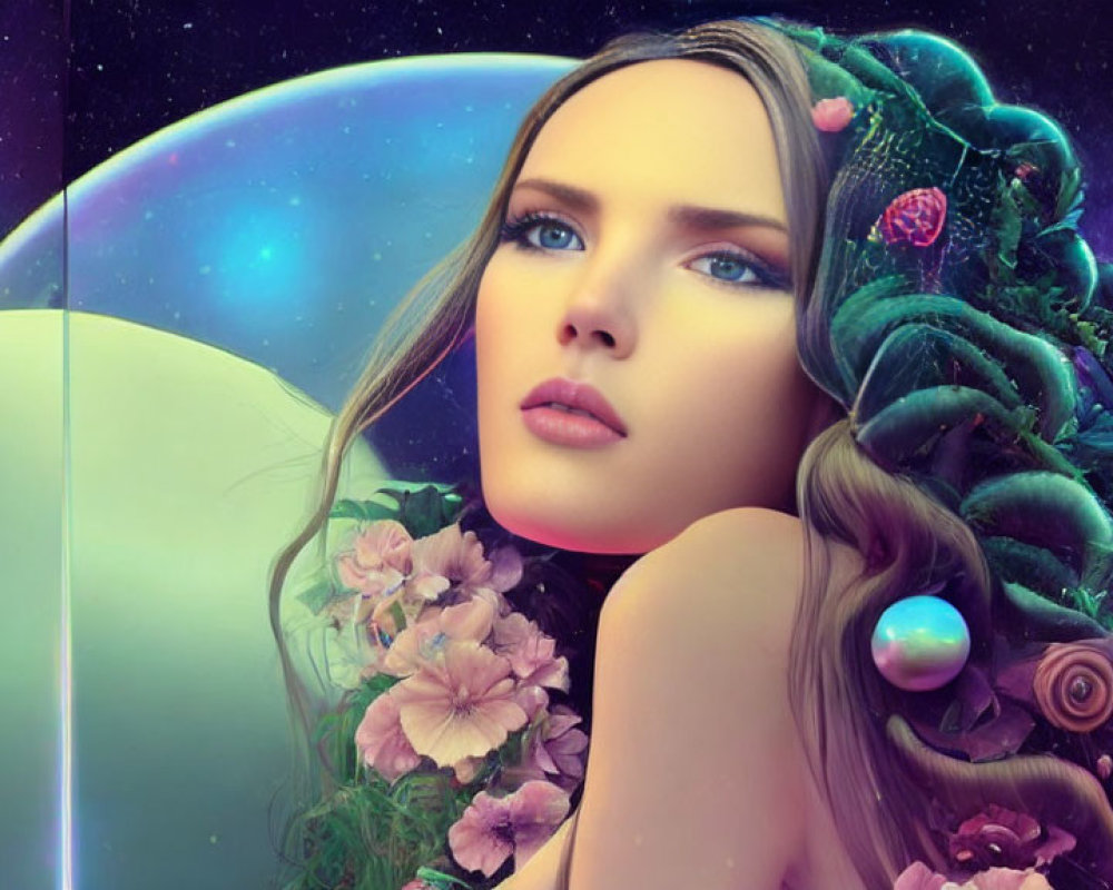 Surreal portrait of woman with floral elements and pearls in cosmic setting