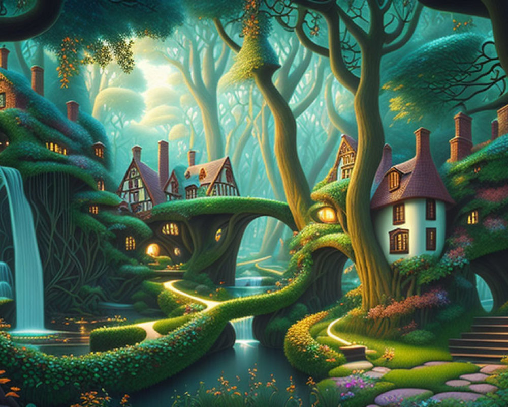 Enchanted forest with whimsical houses, river, waterfalls, and glowing lights