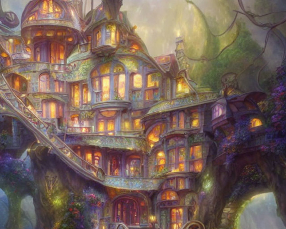 Enchanting multi-story fantasy treehouse nestled in ancient tree