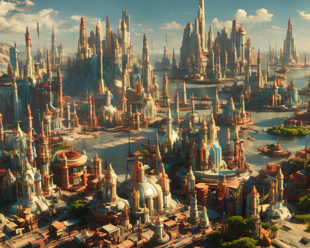 Futuristic cityscape with towering spires and domed buildings by the water