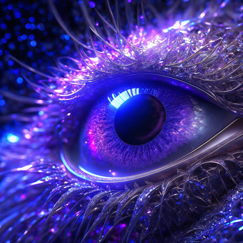 Detailed purple iris and luminous lashes against deep blue backdrop