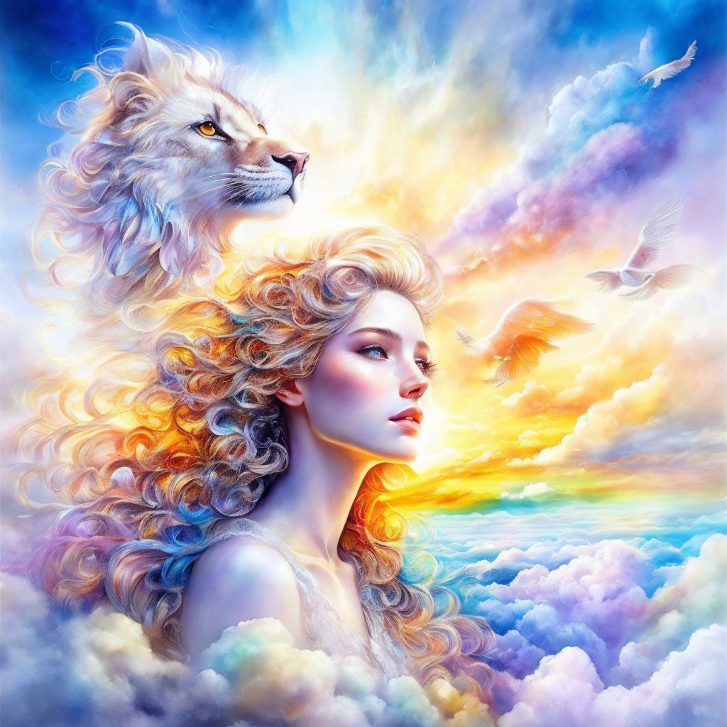 Woman and lion merge in vibrant sky with birds and clouds