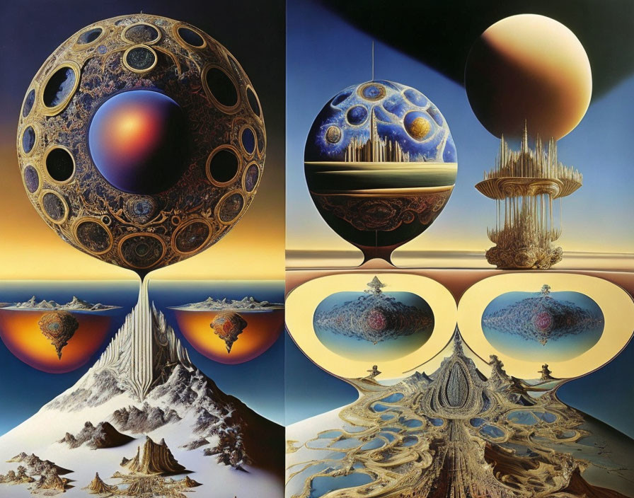 Surreal Artwork: Interconnected Scenes with Ornate Spheres, Alien Landscapes,