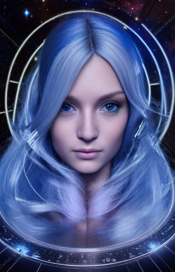 Cosmic-themed digital art portrait of a woman with blue hair and eyes