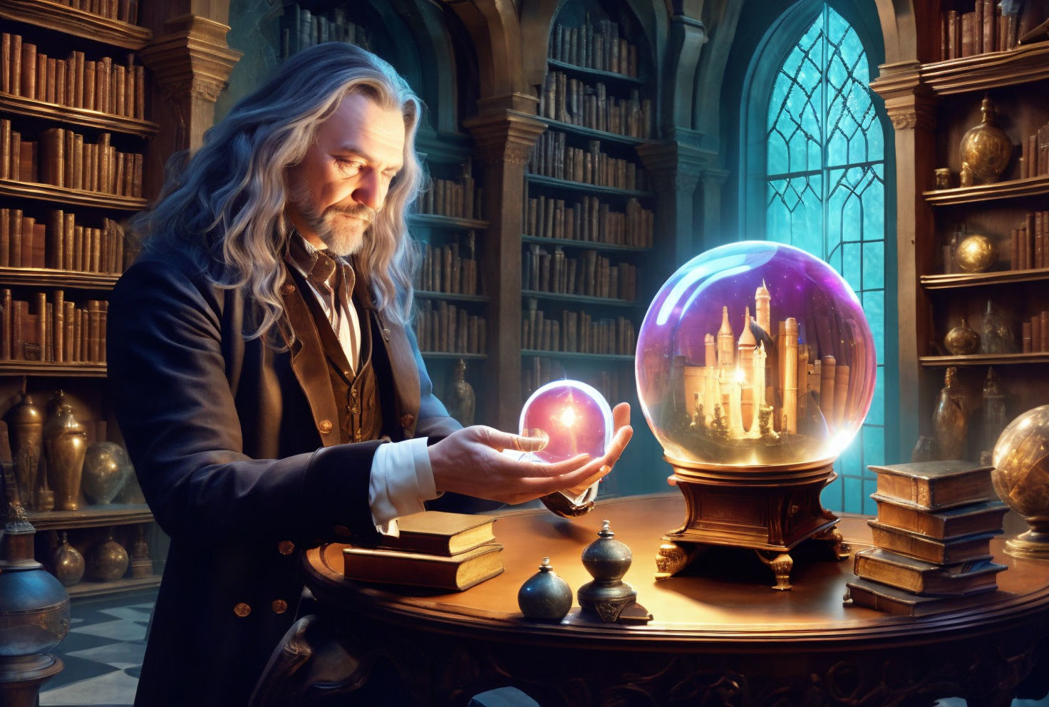 Wizard in Library with Glowing Orb and Castle Vision