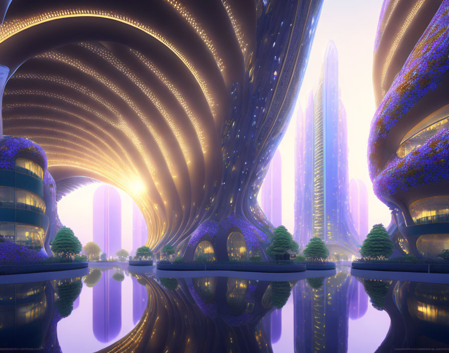 Futuristic cityscape at dusk with glowing purple trees and towering, curved buildings.