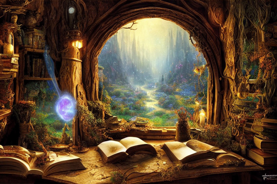 Enchanting woodland interior with magical orb and open book on table