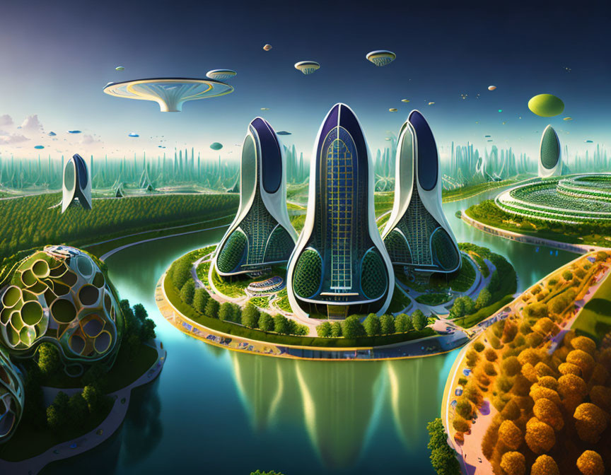 Futuristic cityscape with towering buildings, greenery, waterways, and floating structures