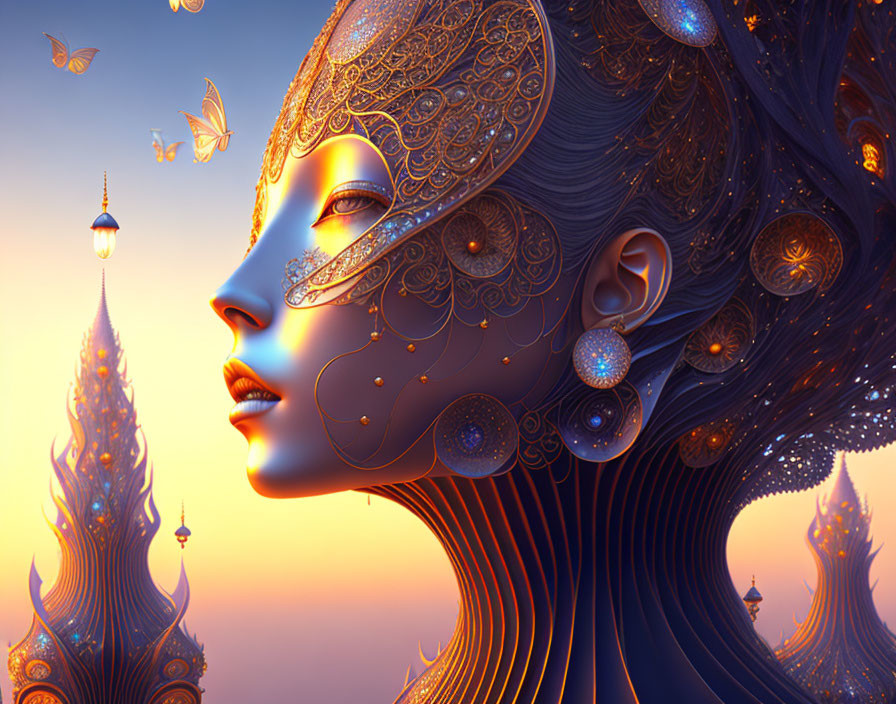 Digital artwork featuring woman with metallic headwear in fantasy setting