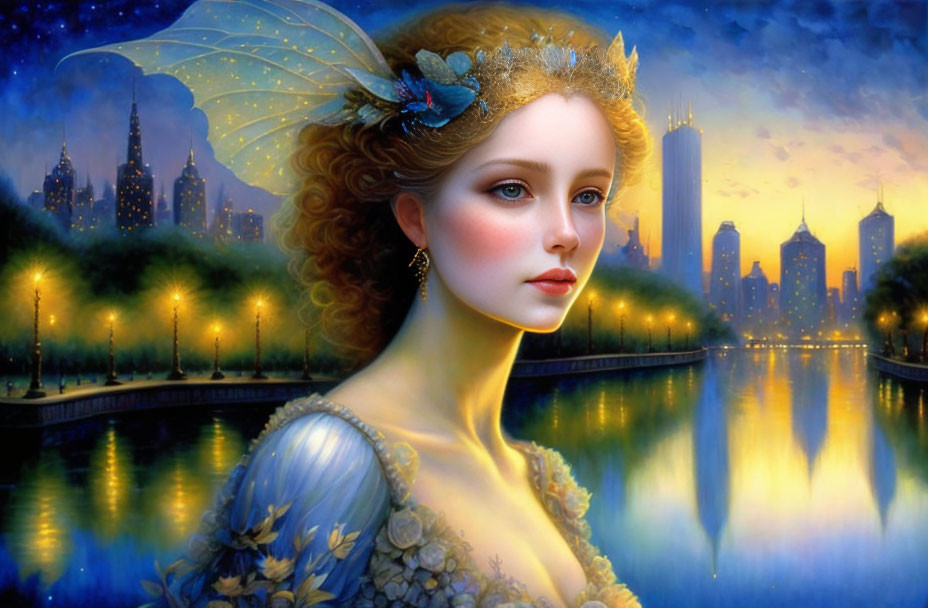 Fantasy portrait of woman with fairy wings in twilight cityscape