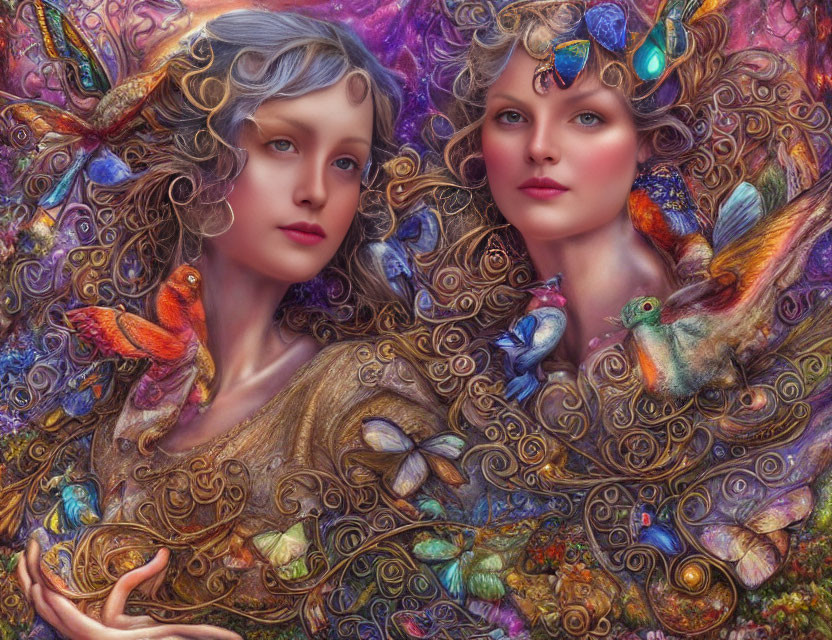 Ethereal women with butterflies and hummingbird in colorful swirls