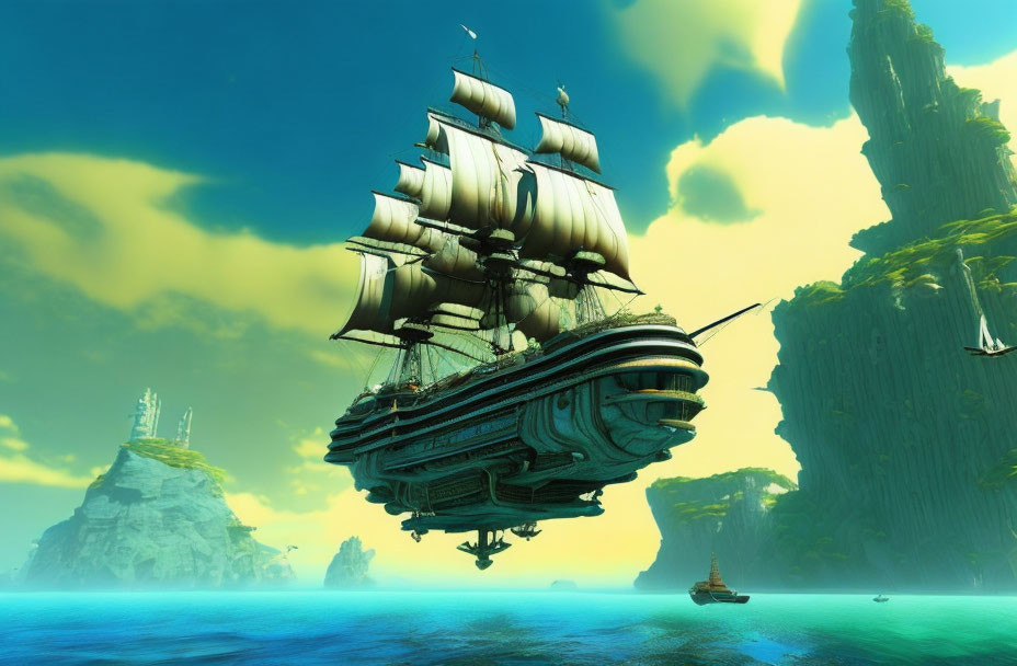 Fantastical flying ship with large sails over tranquil sea & towering rock formations under sunny sky