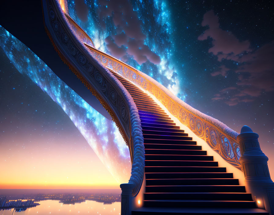 Fantastical staircase blending into cosmic sky and sunset horizon