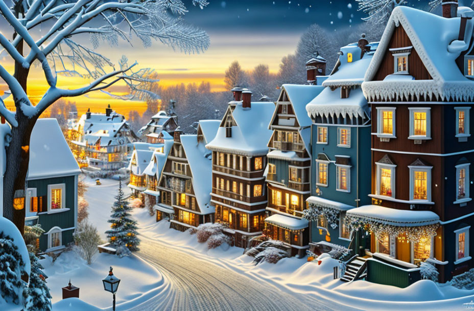 Winter village scene with snow-covered houses and trees at twilight