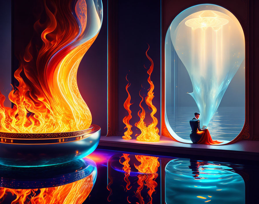 Futuristic room with stylized flames and glowing jellyfish hourglass