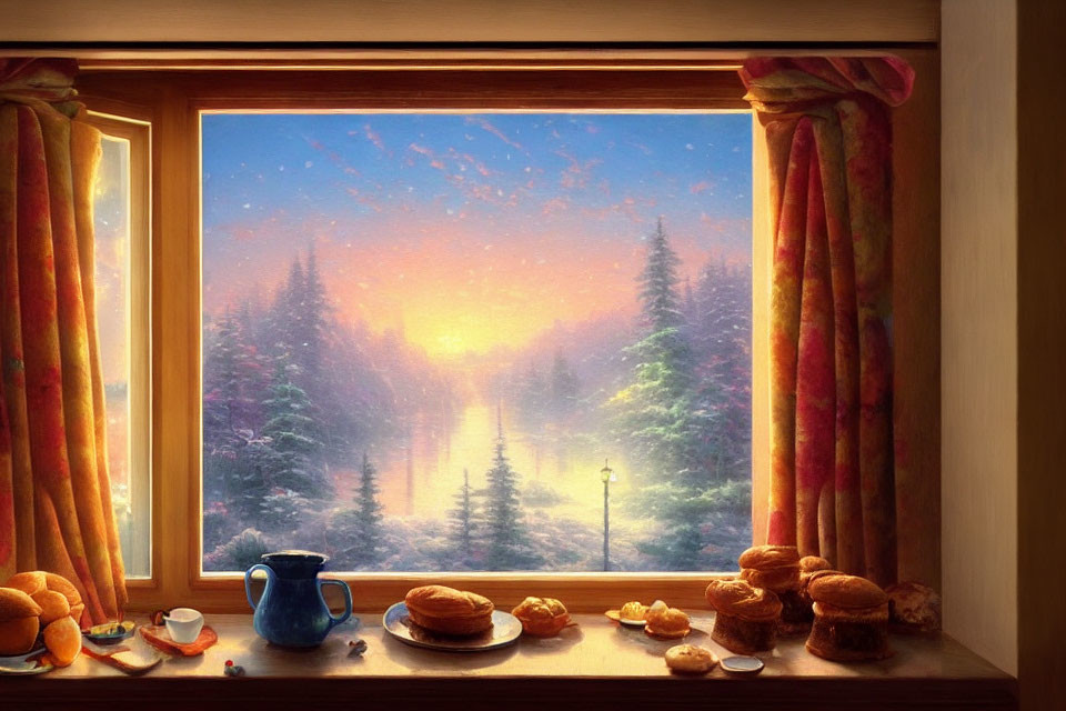 Twilight forest view through window with baked goods and blue pitcher