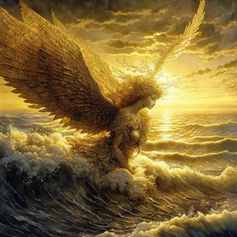 Golden-winged angelic figure hovers over sea at sunset with radiant clouds.