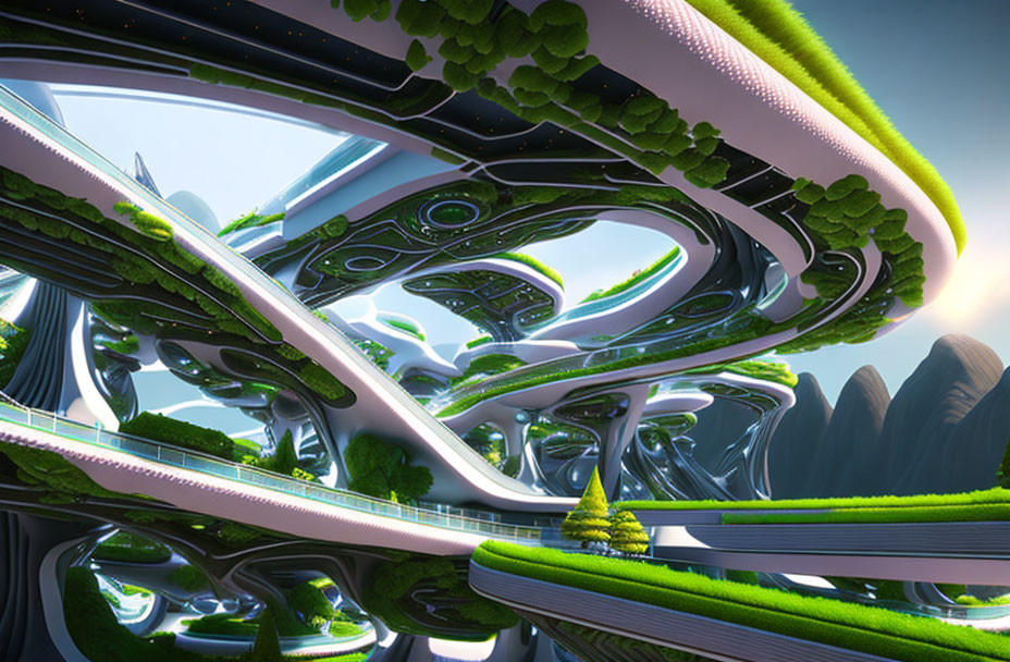 Futuristic multi-level cityscape with greenery, highways, and mountains in clear sky