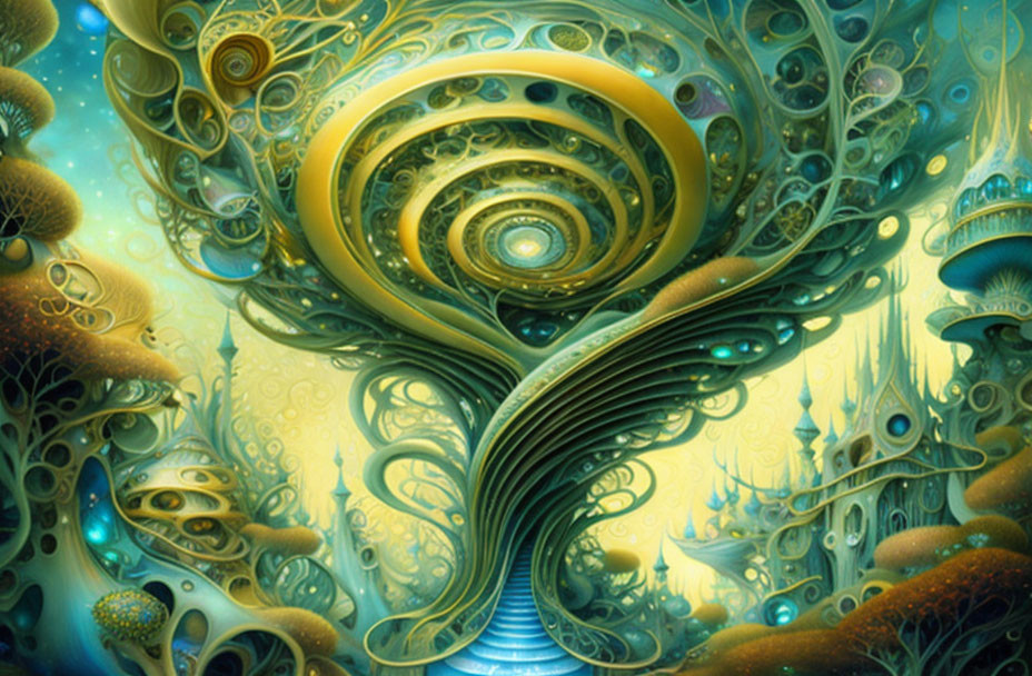 Colorful Psychedelic Art with Swirls and Spirals in Gold, Blue, and Green