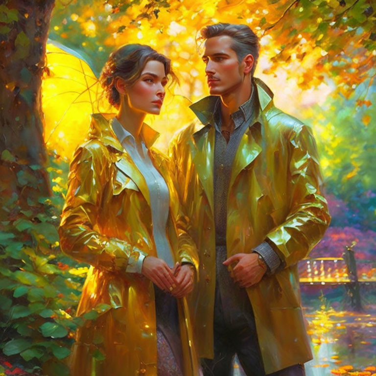 Golden-coated individuals in autumn forest holding hands and gazing.