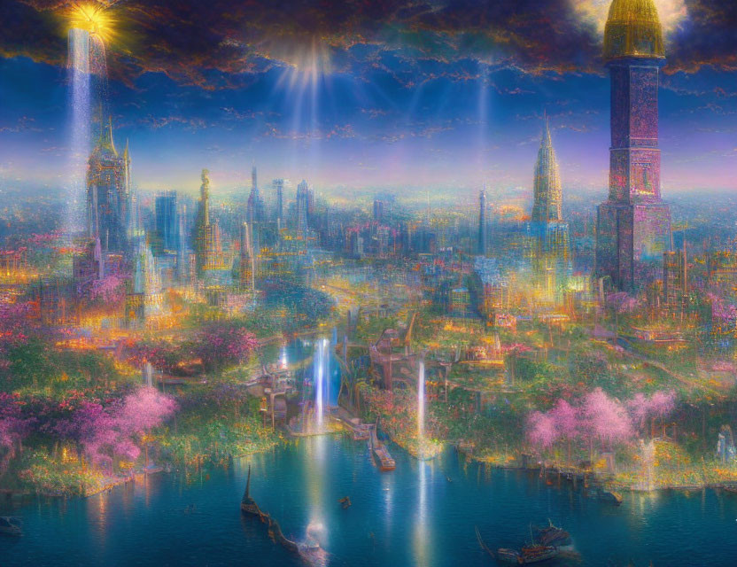 Futuristic cityscape with luminous buildings and cherry blossoms