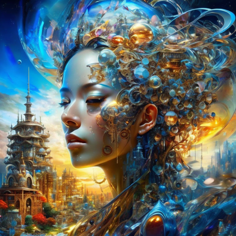 Surreal portrait of woman with golden headgear in vibrant cityscape