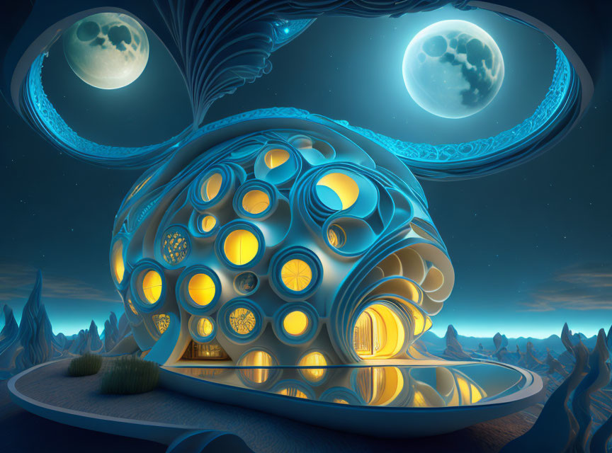 Futuristic structure with circular windows in alien landscape under two moons