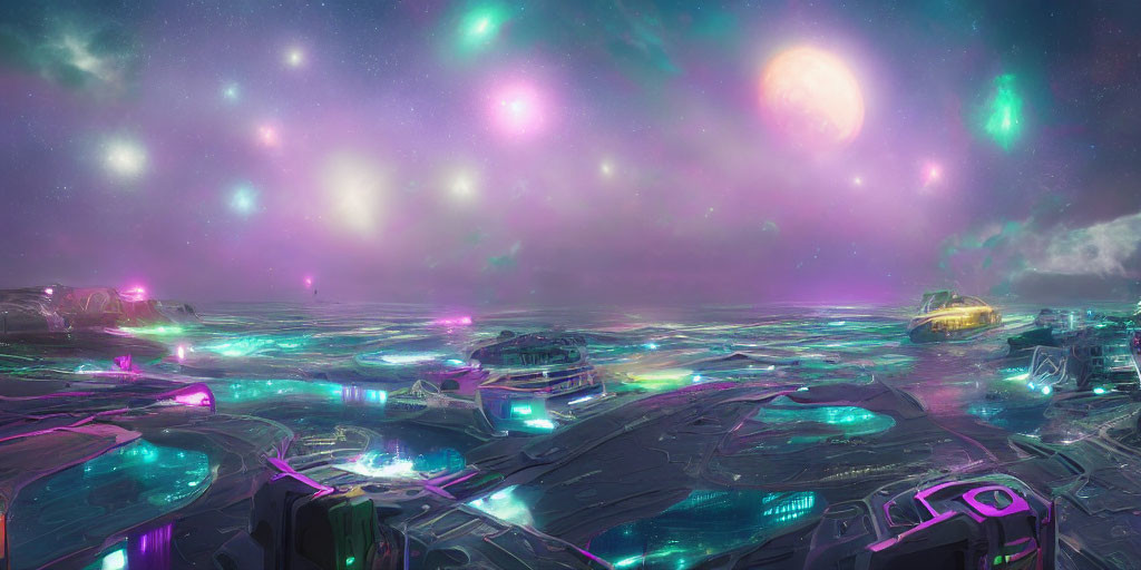 Futuristic sci-fi cityscape with neon lights and colorful nebulae