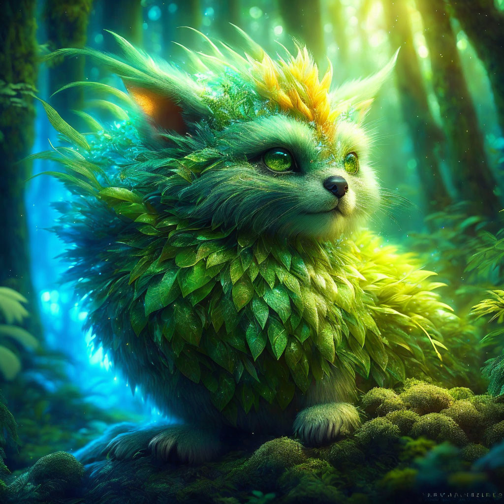 Feline-dragon hybrid with green scales and yellow-orange fur in enchanted forest