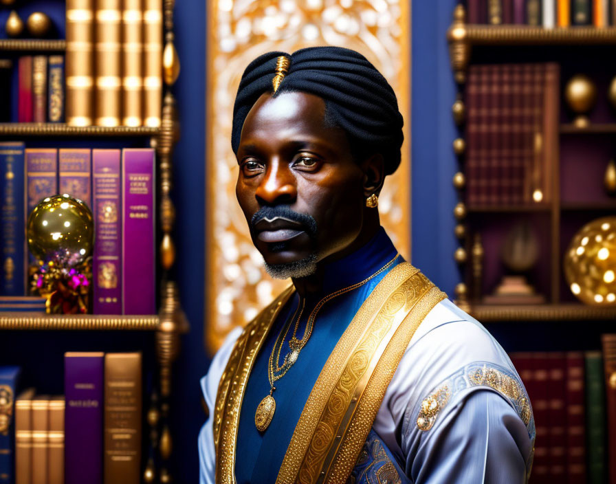 Regal man in turban in front of bookshelf in blue and gold attire