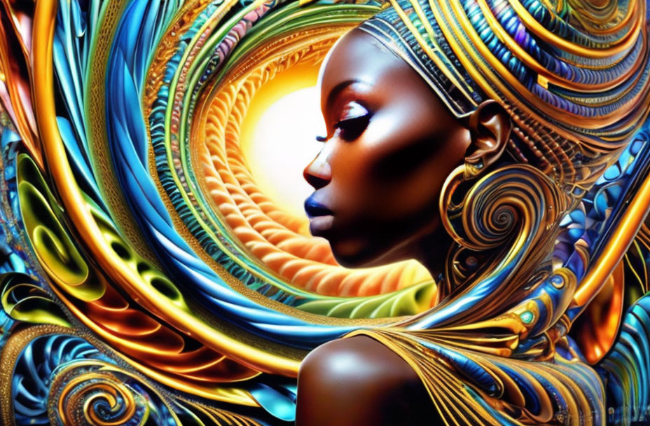 Vibrant digital illustration of dark-skinned woman in abstract colorful background