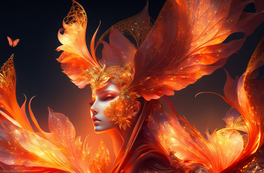 Fantasy Artwork: Figure with Orange & Gold Wings in Flame & Butterfly Motif