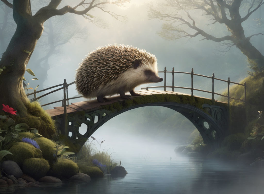 Hedgehog Crossing Small Ornate Bridge in Serene Misty Forest