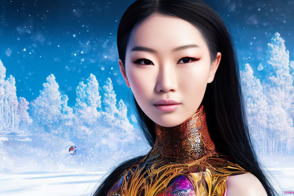 Digital Artwork: Asian Woman in Golden Armor in Snowy Forest