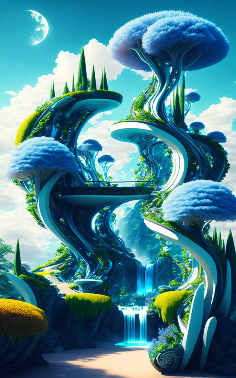 Colorful digital art: Whimsical trees with blue foliage and waterfalls in a lush landscape