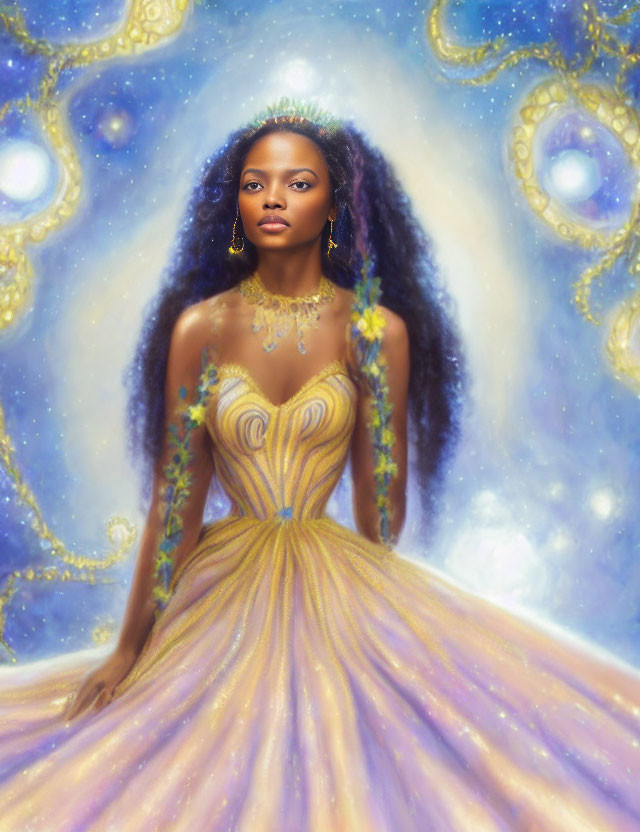 Digital artwork featuring woman in golden gown against starry background