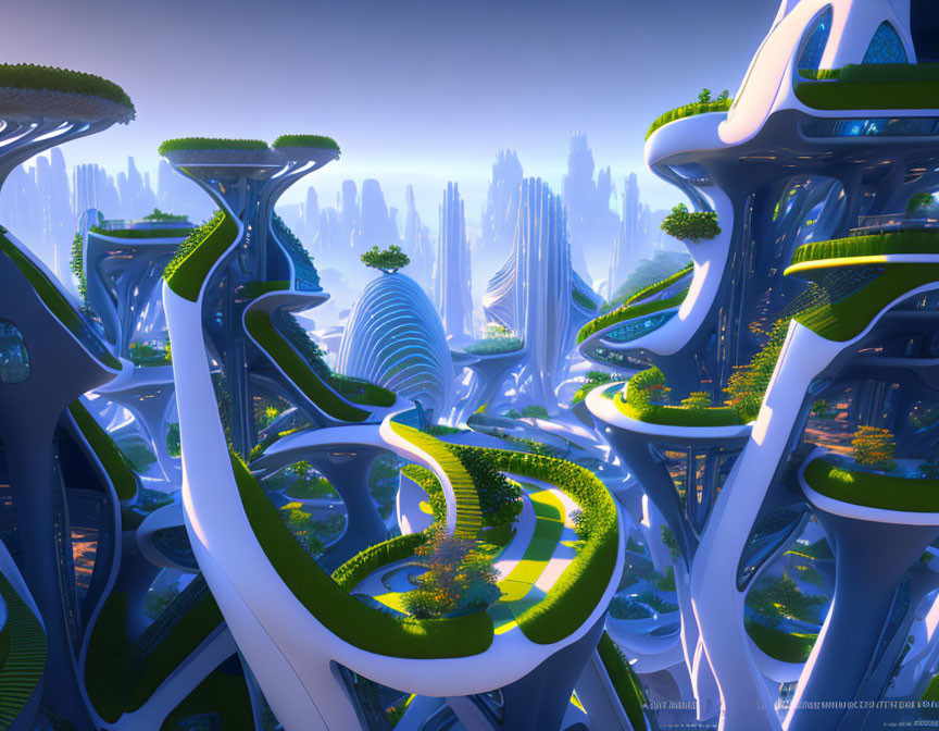 Organic architectural structures in futuristic cityscape