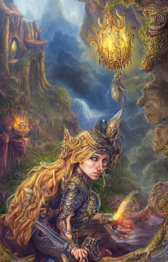 Elfin warrior woman in golden armor with glowing bird in mystical forest