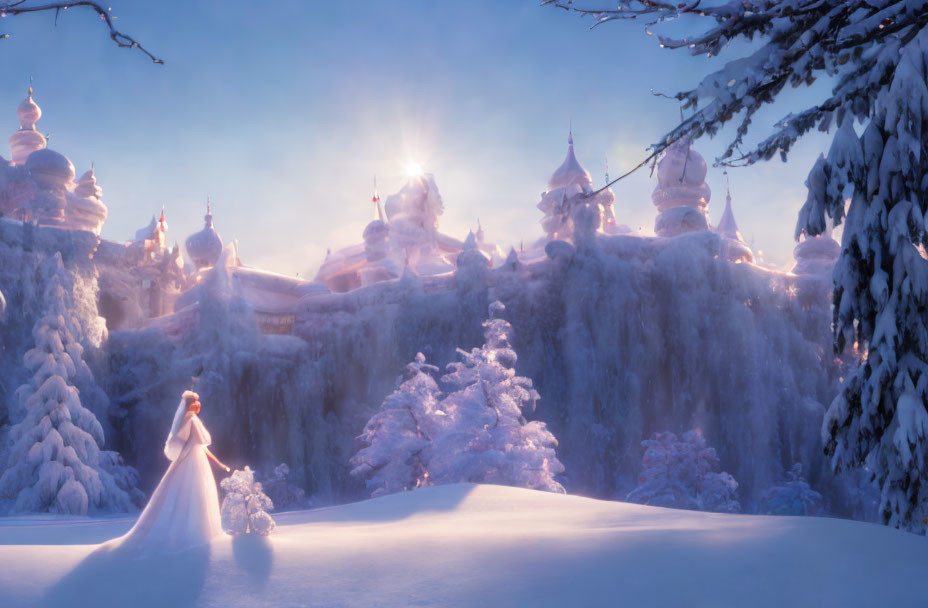 Snow-covered winter scene with lone figure and palace.