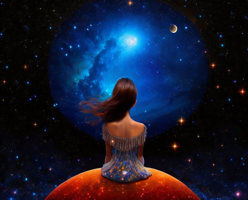 Woman sitting on celestial body gazes at blue nebula and stars with small moon in the distance.