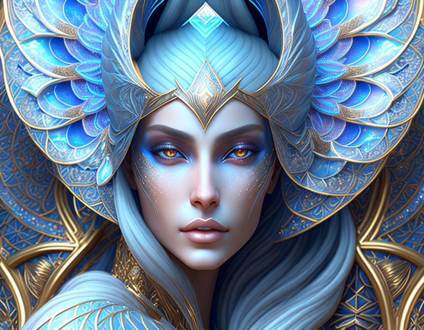 Female character with ornate blue & gold headdress and striking blue hair in digital artwork.