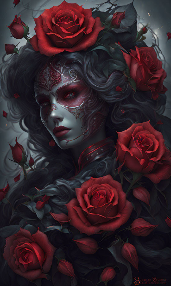 Dark Fantasy Illustration: Gray-skinned figure with red face paint among lush red roses