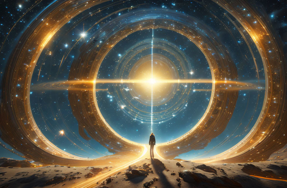 Figure in front of cosmic vortex with golden spirals and stars