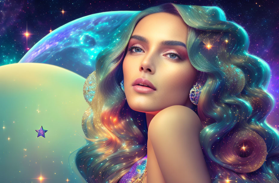 Surreal portrait of woman with galaxy-inspired makeup and hair against celestial backdrop