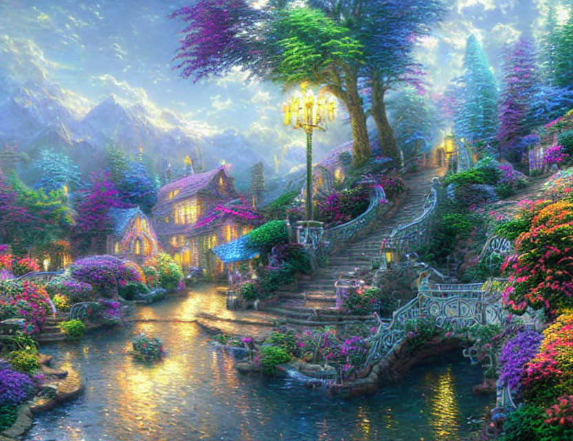 Colorful fantasy landscape with village, river, mountains at dusk