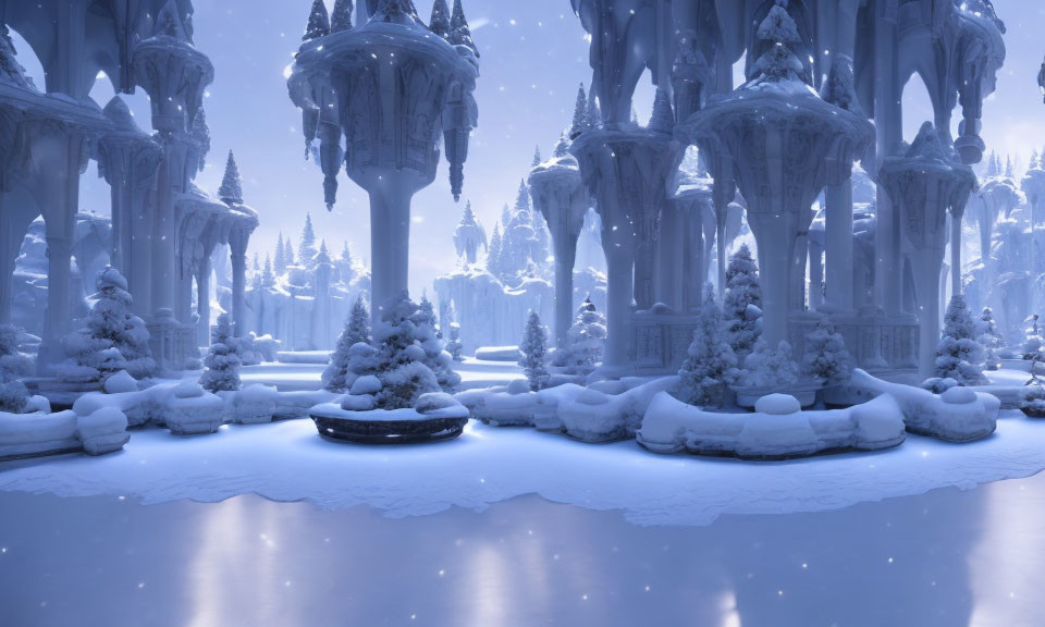 Snow-covered landscape with ice palace and pine trees under blue sky