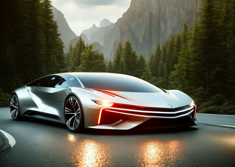 Sleek Silver Concept Car with Futuristic Red Headlights in Mountain Setting