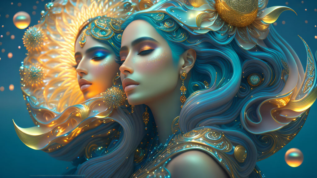 Ethereal fantasy illustration of two women with golden headpieces on teal background