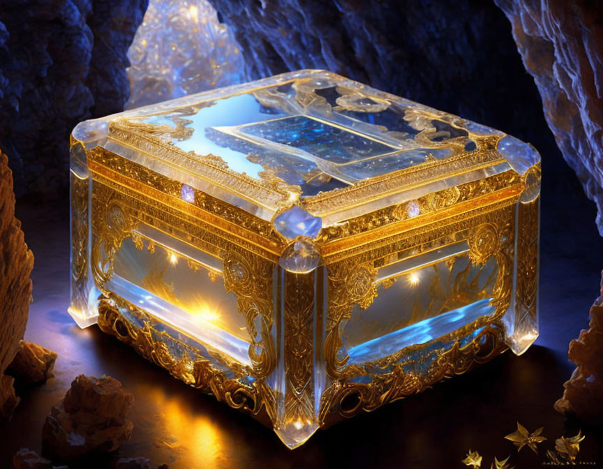 Golden chest with blue crystals in cavernous setting