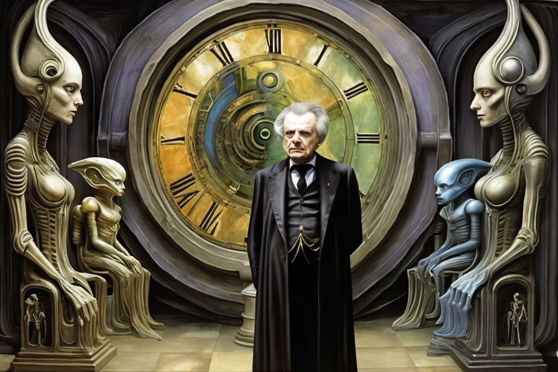 Elderly man in formal attire with tall humanoid figures and clock